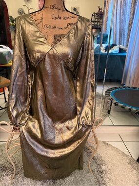 Metallic Bronze Long-Sleeve V-Neck Dress